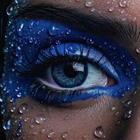 un' donna di blu occhio con acqua gocce ai generativo foto