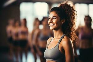 zumba danza classe nel azione a fitness club sfondo con vuoto spazio per testo foto