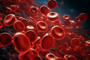 microsopic di rosso sangue cellule fluente attraverso il sangue navi.medico e scienza ricerca concetto.generativo ai foto