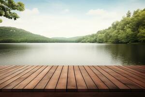 vuoto tabellone drammaticamente posizionato a il fine di un' molo prospiciente un' tranquillo lago ai generativo foto