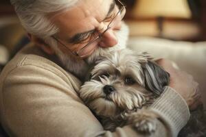 ritratto di uomo e donna abbracciare carino shih tzu cane. animale domestico concetto foto