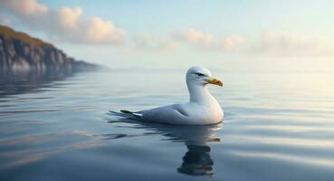 un' solitario gabbiano nuotate nel un' calma mare realista. ai generazione foto