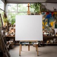 dell'artista spazio di lavoro con vuoto tela e arte forniture ai generativo foto