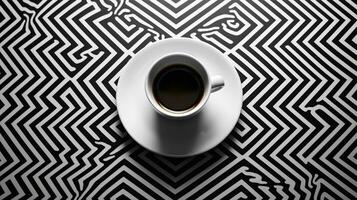 aereo Visualizza di cottura a vapore caffè tazza su geometricamente fantasia superficie con ampio copia spazio ai generativo foto