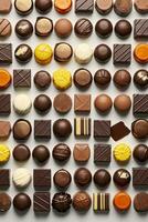 assortimento di diverso cioccolato Bon Bons contro luminescente neutro sfondo ai generativo foto