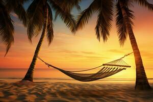 sereno tropicale spiaggia scena a tramonto con palma alberi, un' amaca, e morbido sabbia ai generativo foto