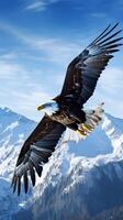 maestoso aquila Soaring sopra un' incontaminato, snow-capped montagna gamma sotto un' blu cielo ai generativo foto