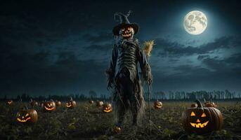 Halloween zucca spaventapasseri su un' largo campo con il Luna. ai generativo. foto