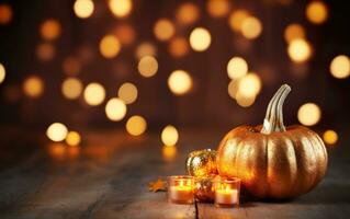 d'oro decorativo zucca con candele su buio bokeh luci festivo sfondo con copia spazio. di legno tavolo. Halloween concetto. contento ringraziamento. ai generativo foto