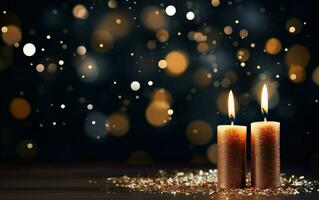 vicino su di Due d'oro ardente candele su il di legno tavolo con scintillante luccichio. copia spazio. sfocato Natale leggero sfondo. ai generativo foto