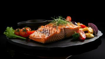 frizzante salmone delizia, grigliato e servito su un' nero pietra piatto con fresco verdure. ai generativo foto