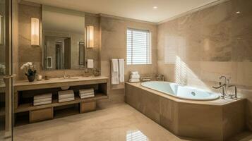 interno di un' lusso Hotel bagno con beige marmo muri. ai generativo foto