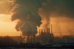 camino e nero Fumo sopra chimico industria a tramonto. ai generativo. foto