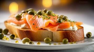 un' pezzo di pane sormontato con salmone e capperi su superiore di un' bianca piatto con olive su superiore di esso, generativo ai foto