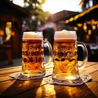 oktoberfest birra bicchiere su di legno tavolo vicino su estate festival foto