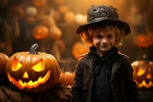 ritratto di contento ragazzo costumi nel celebrazione di Halloween nel il festa. illustrazione, generativo ai foto