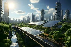 solare pannelli su un' tetto nel il città. verde tetto giardino con rinnovabile solare cellula sistema. ecologia e eco verde energia, verde città, Salva protezione mondo concetto. generativo ai foto