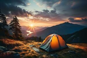 avventure campeggio turista e tenda sotto il eccezionale montagna paesaggio. drammatico Visualizza con tenda di viaggiatore su foresta. generativo ai foto