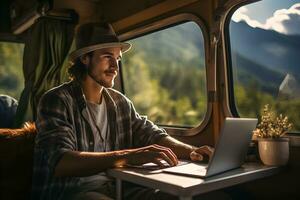 giovane libero professionista uomo Lavorando su computer nel camper furgone. strada viaggio, camper macchina, Lavorando e in viaggio, opera a partire dal ovunque concetto. generativo ai, illustrazione foto