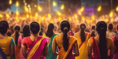 festeggiare il gioioso occasione di diwali, folle di indiani danza per tradizionale musica. generativo ai foto