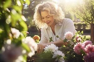 tranquillo primavera scena di un' di mezza età donna nutrimento sua fiorente giardino ai generativo foto