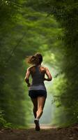 foresta sprint - cattura il del corridore forza di volontà in mezzo natura ai generativo foto