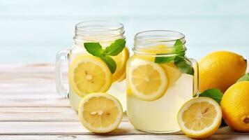 Due muratore vaso bicchieri di fatti in casa rinfrescante limonata con fette di biologico maturo Limone, generativo ai foto