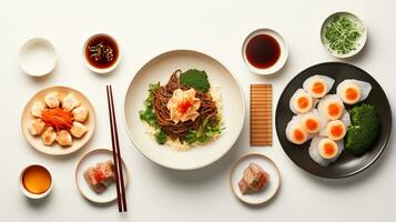 superiore Visualizza di un' semplice asiatico pasto ramen Ravioli e Sushi illustrare diverso sapori ai generativo foto