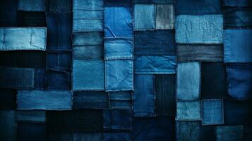 creativo patchwork di denim textures nel vario occhiali da sole di blu, ideale per incentrato sui giovani moda annunci ai generativo foto