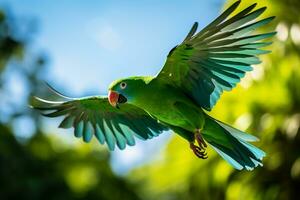 denso, verde smeraldo giungla scena con un' vivace pappagallo volante in mezzo il fogliame ai generativo foto