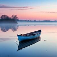 tranquillo, calmo alba al di sopra di un' calma lago con un' solitario canottaggio barca nel il distanza ai generativo foto