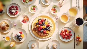 invitante comunale prima colazione ambientazione, fotografato a partire dal sopra, illuminante il gioia di condivisione pasti nel il mattina leggero ai generativo foto