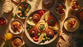 alto intravedere di un' mediterraneo festa hummus Pita pane e Falafel vicino un' tè pentola ai generativo foto