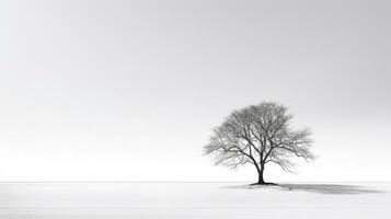 incarnando solitudine - monocromatico Immagine di un' solitario albero getto ombre contro un' rigido bianca sfondo ai generativo foto