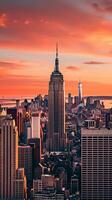 vivace panoramico paesaggio urbano di nuovo York a tramonto con iconico grattacieli e generoso copia spazio ai generativo foto