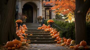 di stagione Magia catturato nel luminosa dettagli di frequentato case, jack-o-lantern, e autunno le foglie ai generativo foto