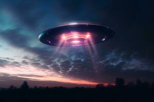 misterioso ufo avvistamento nel il crepuscolo cielo emitting un iridescente splendore e ipnotizzante leggero modelli ai generativo foto