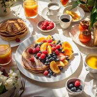 invitante comunale prima colazione ambientazione, fotografato a partire dal sopra, illuminante il gioia di condivisione pasti nel il mattina leggero ai generativo foto