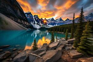 etereo paesaggio tiro cattura il di sole d'oro colore al di sopra di maestoso montagne e sereno laghi ai generativo foto