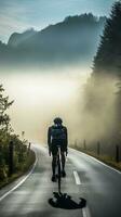 un presto mattina cavalcata - il del ciclista avventura attraverso un' montagna passaggio ai generativo foto