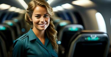 hostess sorrisi nel davanti di il aereo foto