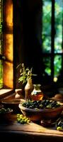 rustico mulino macinazione olive tradizionale olio estrazione processi sfondo con vuoto spazio per testo foto