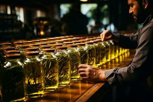 mano etichettatura bottiglie di extra vergine oliva olio tradizionale vecchio stile processi sfondo con vuoto spazio per testo foto