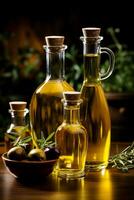 in bottiglia biologico oliva olio disposte artisticamente fresco raccogliere nel il sfondo con vuoto spazio per testo foto