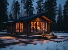 di legno Casa nel inverno tempo foto