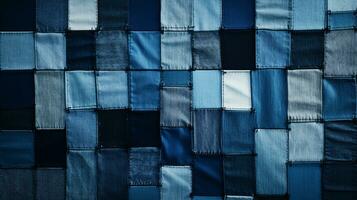 creativo patchwork di denim textures nel vario occhiali da sole di blu, ideale per incentrato sui giovani moda annunci ai generativo foto