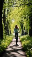 spensierato donna gode un' bicicletta cavalcata attraverso un' lussureggiante verde parco Abbracciare una persona primavera vitalità ai generativo foto