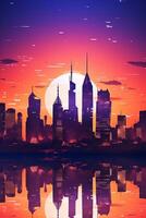 futuristico città orizzonte bagnata nel il caldo splendore di un' tramonto con grattacieli ornato con luci ai generativo foto