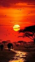 sbalorditivo africano safari scena a tramonto con elefanti, giraffe, e zebre sotto un' ardente cielo ai generativo foto