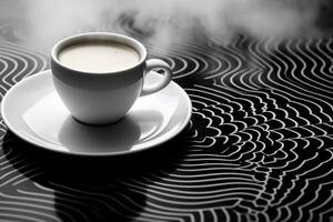 aereo Visualizza di cottura a vapore caffè tazza su geometricamente fantasia superficie con ampio copia spazio ai generativo foto